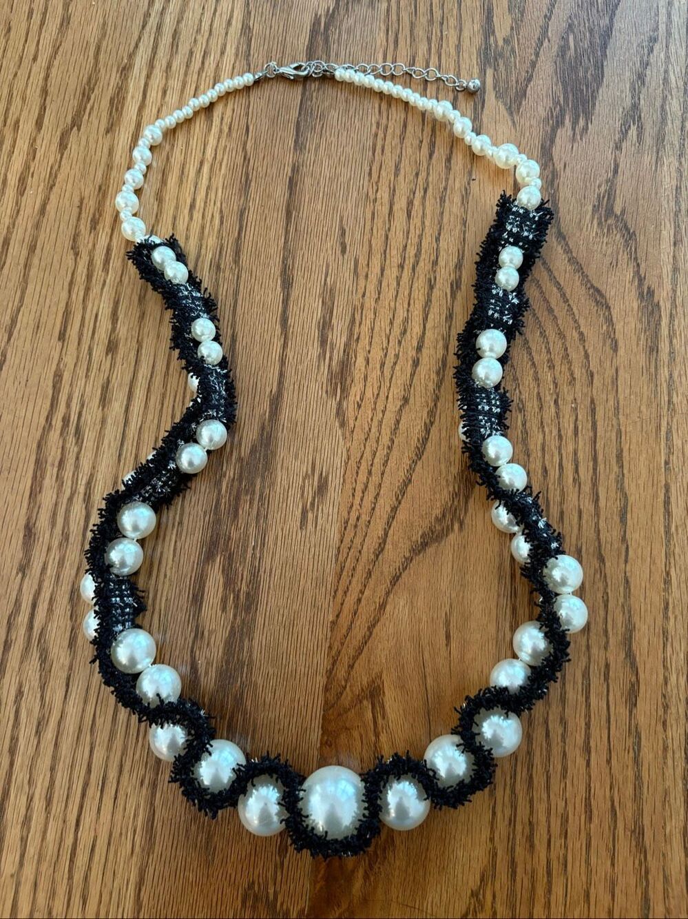 Boutique Tweed Fringe and Faux Pearl Necklace | 32” Length